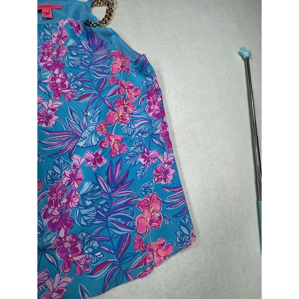 Lilly Pulitzer Size 8 Blue Pink Tropical Floral Chain Neck Sleevless Top - Picture 5 of 11
